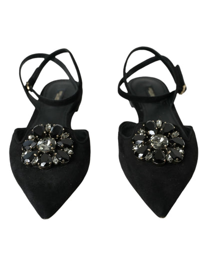 Dolce & Gabbana Black Leather Crystal Slingback Sandals Shoes