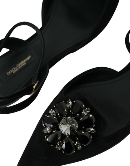 Dolce & Gabbana Black Leather Crystal Slingback Sandals Shoes