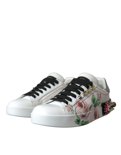 Dolce & Gabbana White Leather Crystal Roses Floral Sneakers Shoes