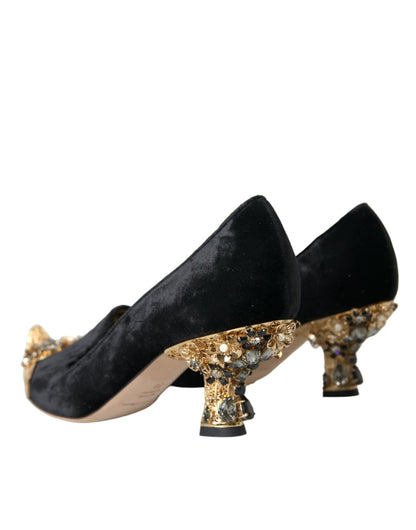 Dolce & Gabbana Black Velvet Embellished Heels Pumps Shoes