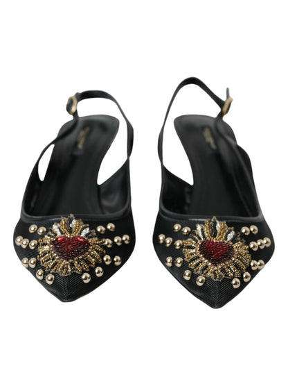 Dolce & Gabbana Black Mesh Embellished Heel Slingbacks Shoes