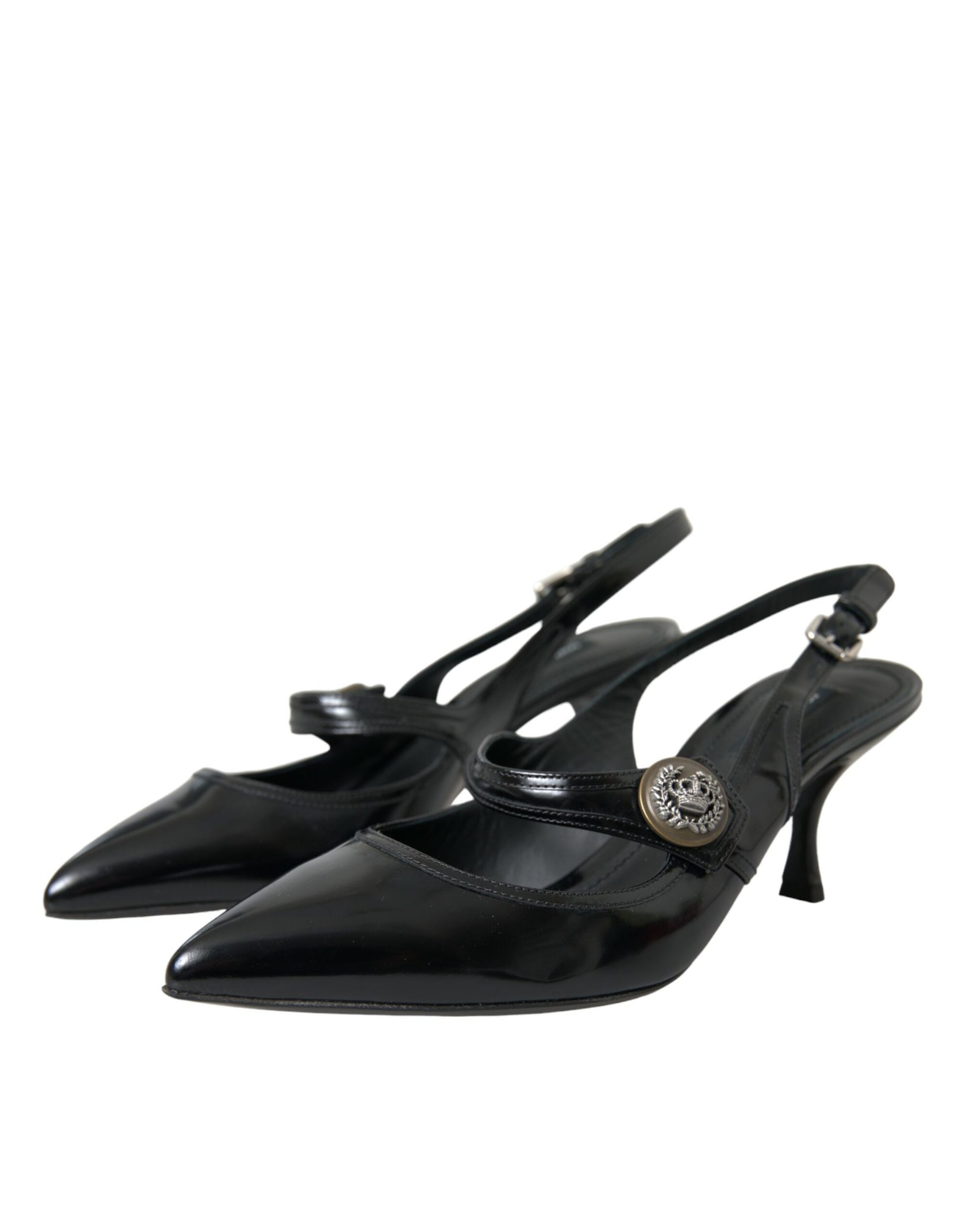 Dolce & Gabbana Black Leather Embellished Slingbacks Shoes