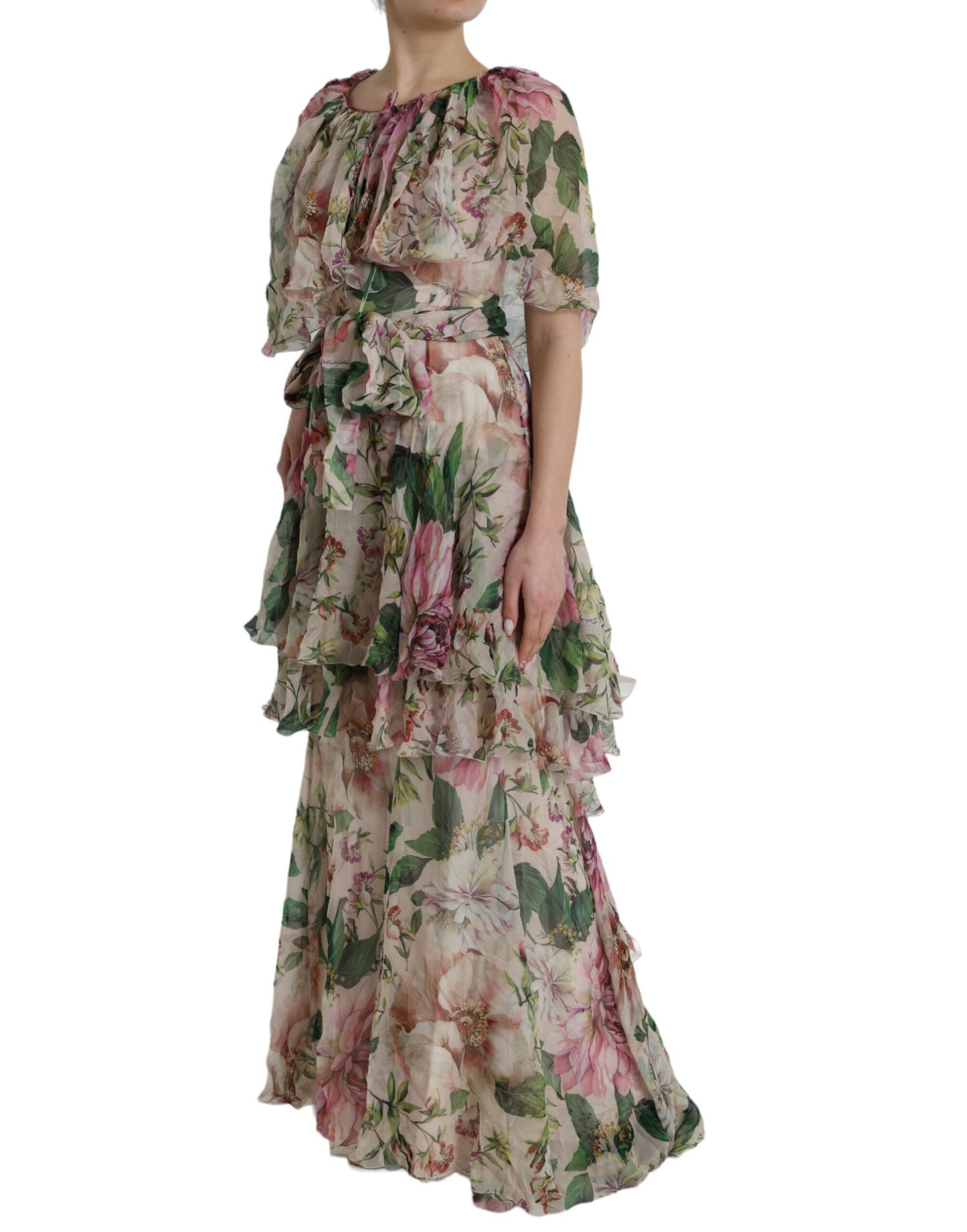 Dolce & Gabbana Multicolor Floral Silk Tiered Long Maxi Dress