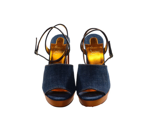 Christian Louboutin Mira Colunata 120 Navy Blue Denim and Galvanized Heel Wedges