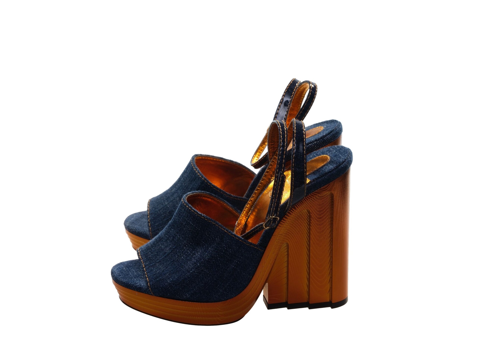 Christian Louboutin Mira Colunata 120 Navy Blue Denim and Galvanized Heel Wedges