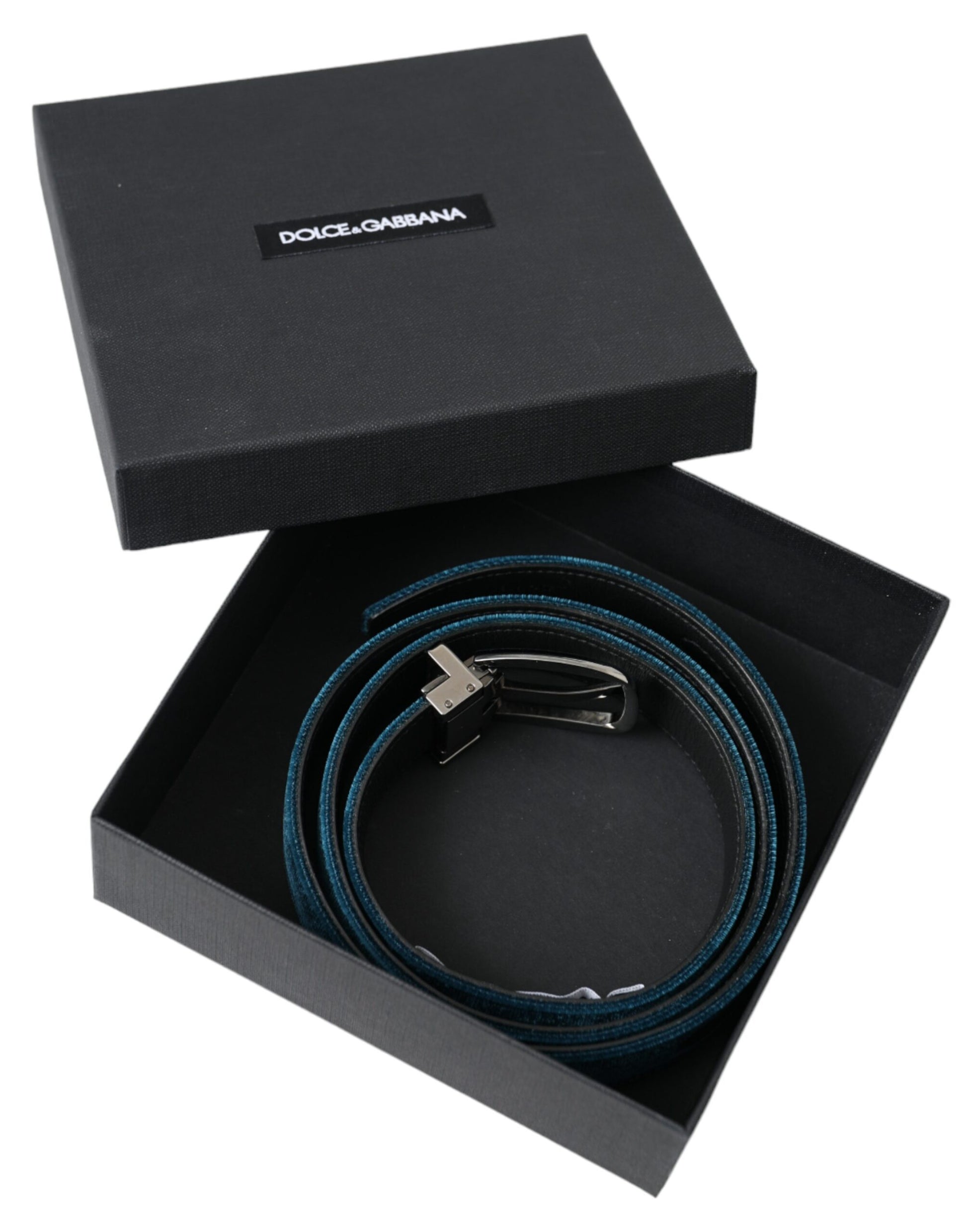 Dolce & Gabbana Blue Velvet Leather Silver Metal Buckle Belt