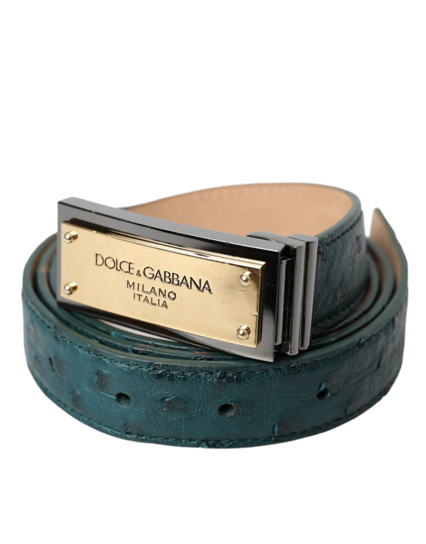 Dolce & Gabbana Green Leather Gold Logo Engraved Buckle Belt