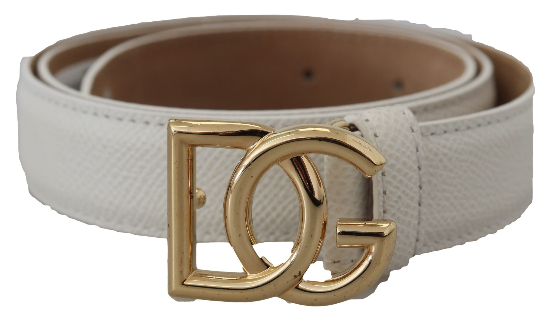 Dolce & Gabbana White Leather Gold DG Logo Buckle Belt Women