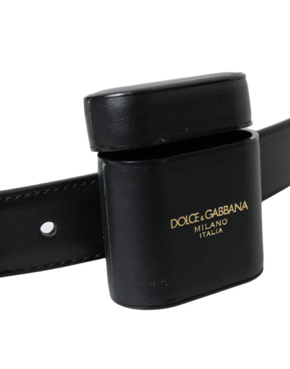 Dolce & Gabbana Black Leather Airpods Case Silver Buckle Belt