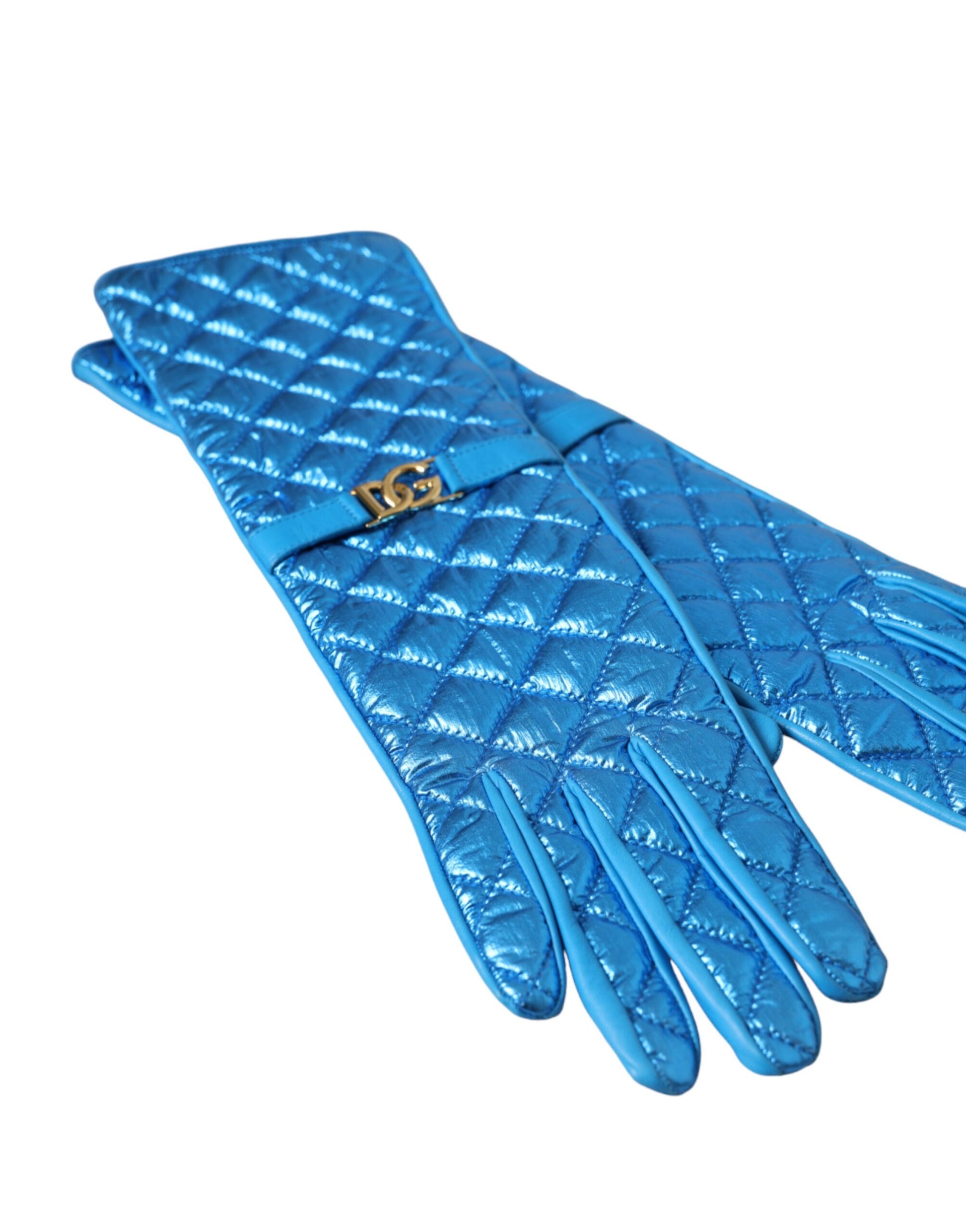 Dolce & Gabbana Blue Leather Quilted Mid Arm Length Gloves