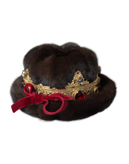 Dolce & Gabbana Dark Brown Mink Fur Gold Crystal Crown Hat