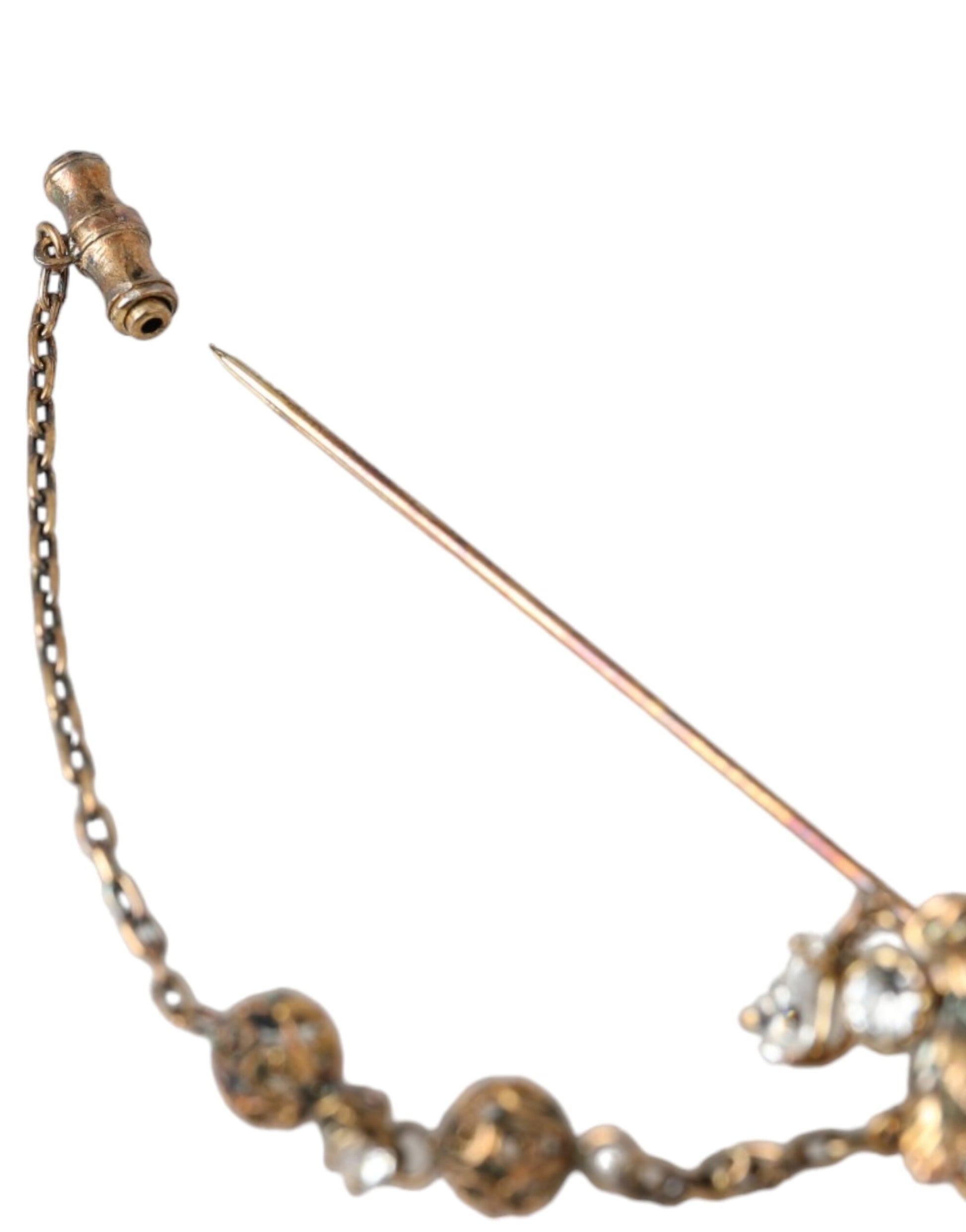 Dolce & Gabbana Gold Brass Crystal Chain 925 Sterling Silver Pin Brooch