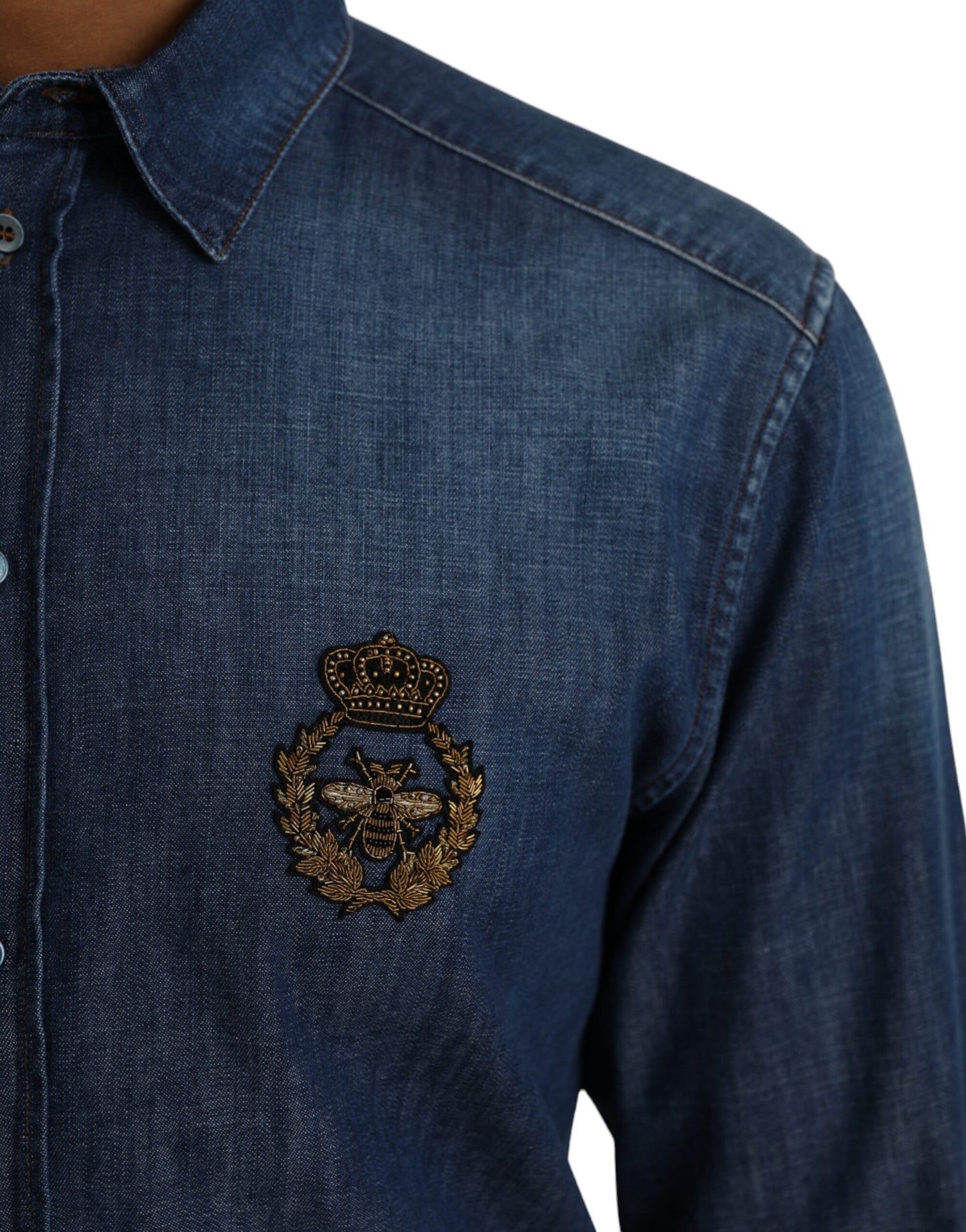 Dolce & Gabbana Blue Crown Bee Cotton Denim GOLD Shirt