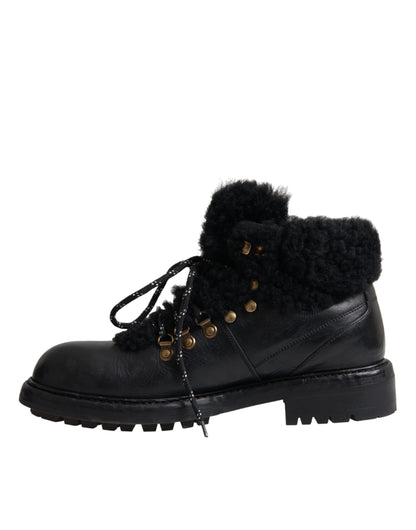 Dolce & Gabbana Black Leather Bernini Shearling Boots Shoes