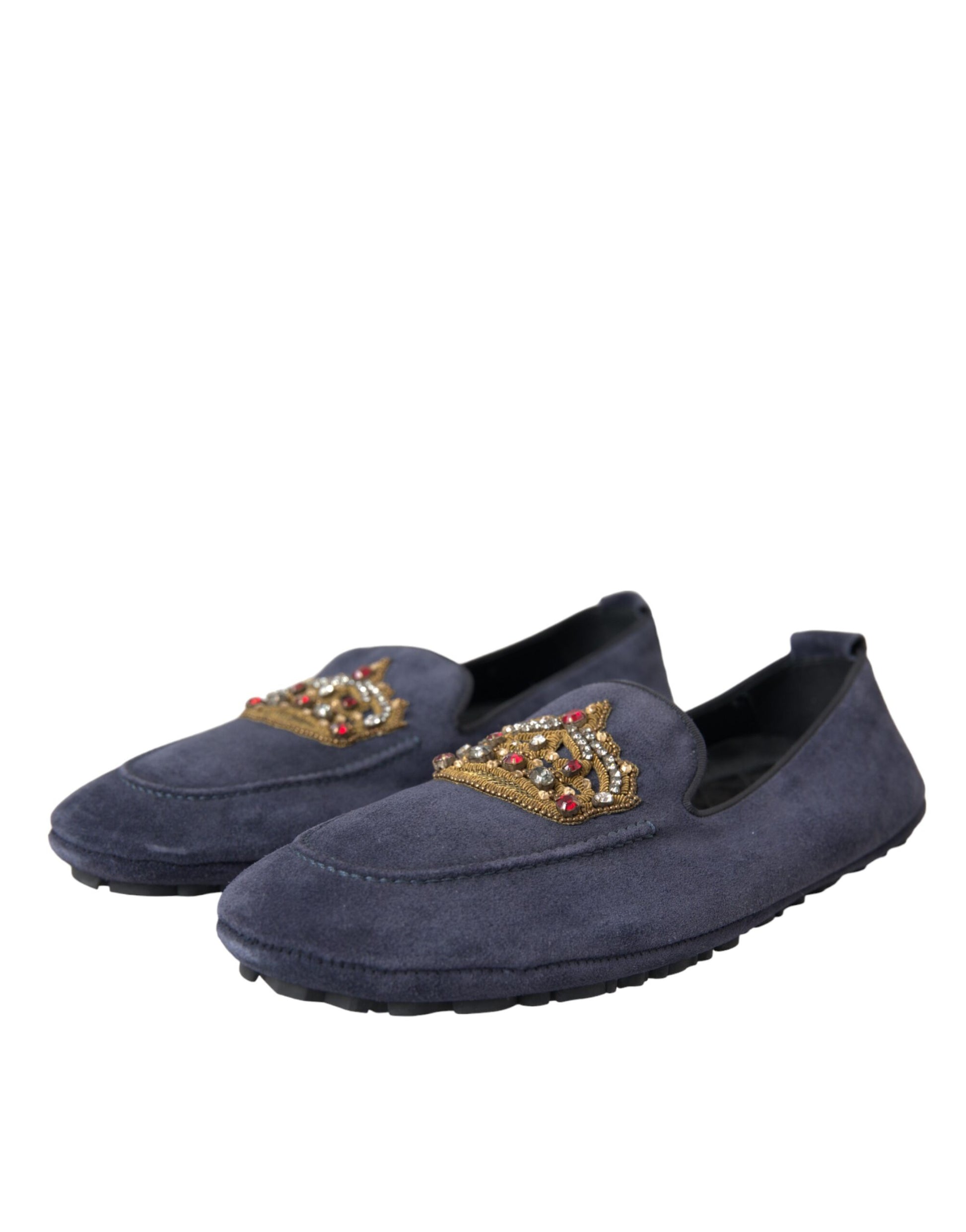 Dolce & Gabbana Blue Leather Suede Crystal Crown Loafers Shoes