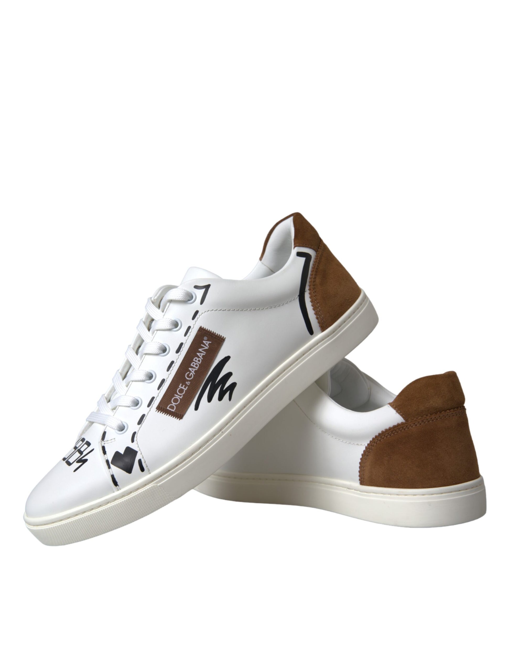 Dolce & Gabbana White Brown Leather Logo Low Top Sneakers Shoes