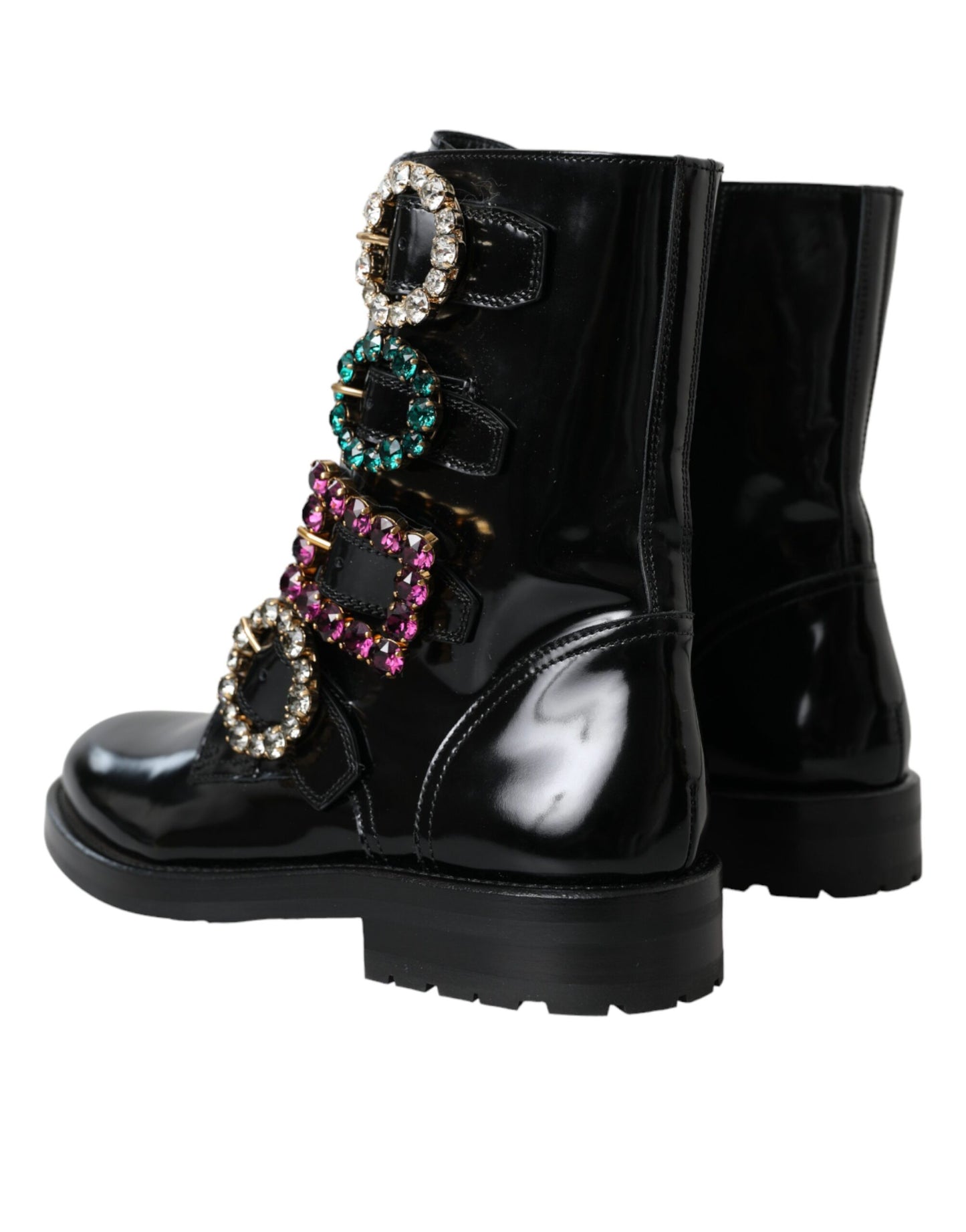 Dolce & Gabbana Black Leather Crystal Buckles Boots Shoes