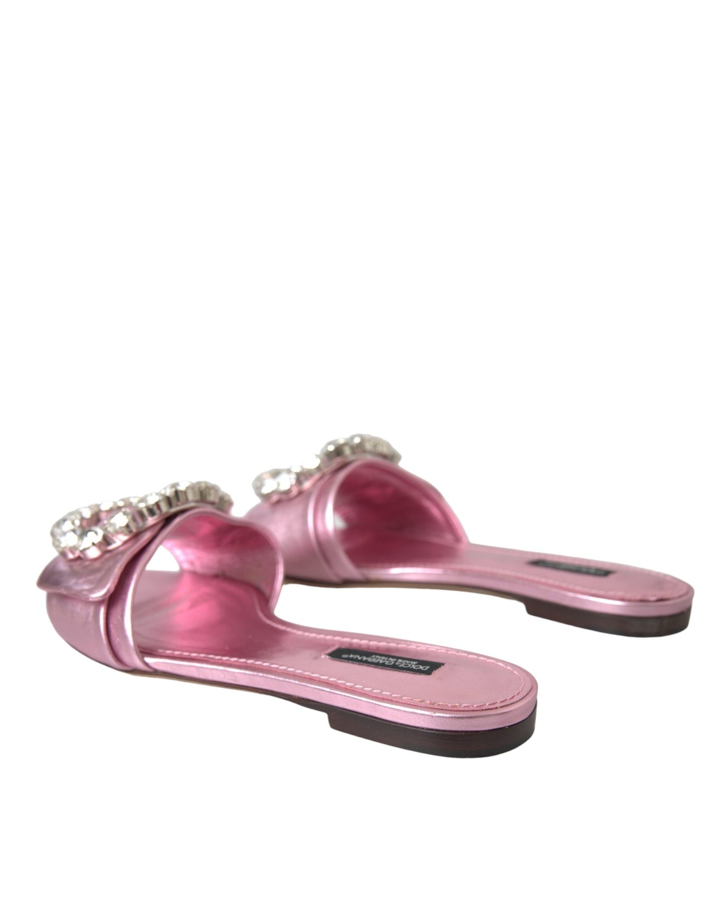 Dolce & Gabbana Pink Crystal Leather Flats Sandals Shoes