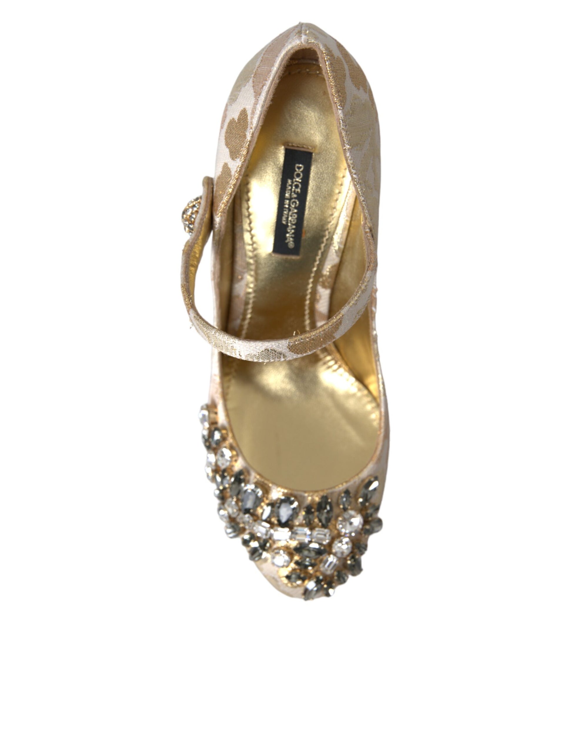 Dolce & Gabbana Gold Jacquard Crystal Mary Janes Pumps Shoes