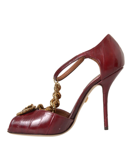 Dolce & Gabbana Dark Red Leather Gold Devotion Heart Sandals Shoes