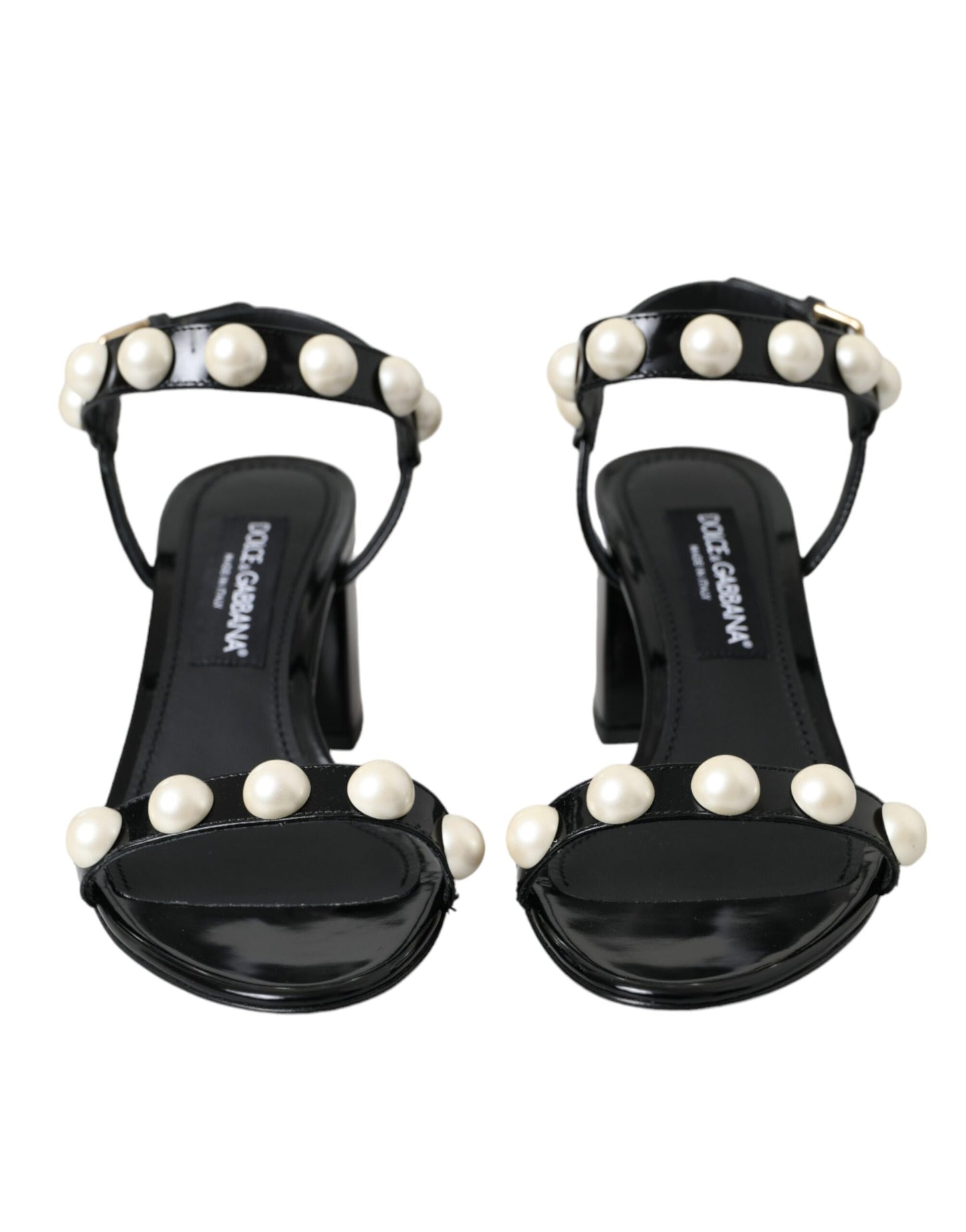 Dolce & Gabbana Black Leather Faux Pearl Heel Sandals Shoes