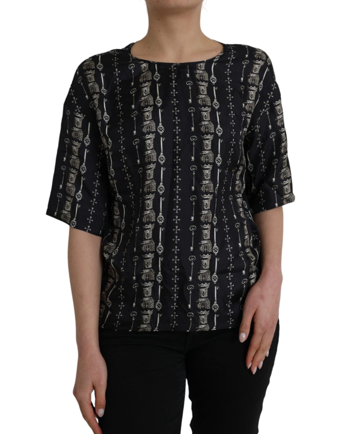 Dolce & Gabbana Black Key Castle Print Silk Blouse T-shirt