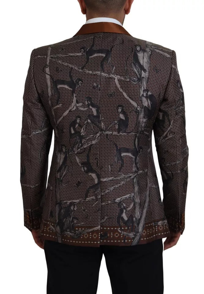 Dolce & Gabbana Bronze Monkey Print Silk Slim Jacket Blazer