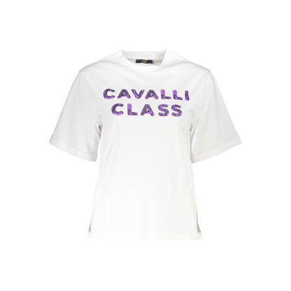 Cavalli Class Elegant White Cotton Tee with Designer Print