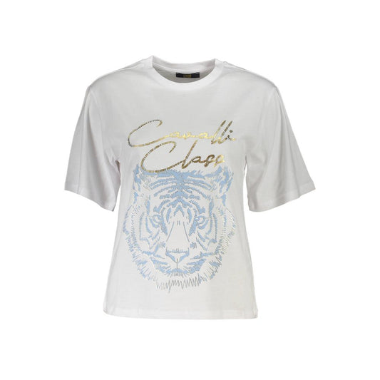 Cavalli Class Chic White Printed Tee with Timeless Elegance