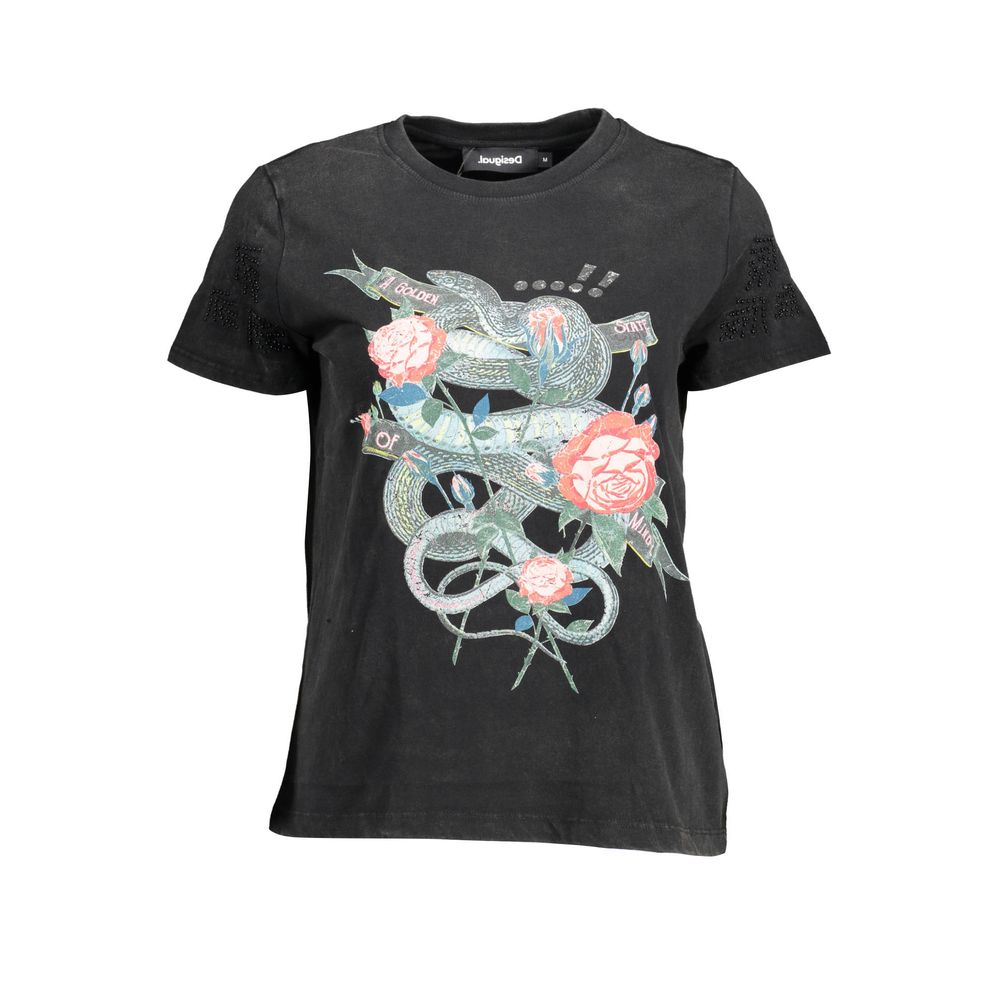 Desigual Chic Black Printed Tee with Unique Embellishments