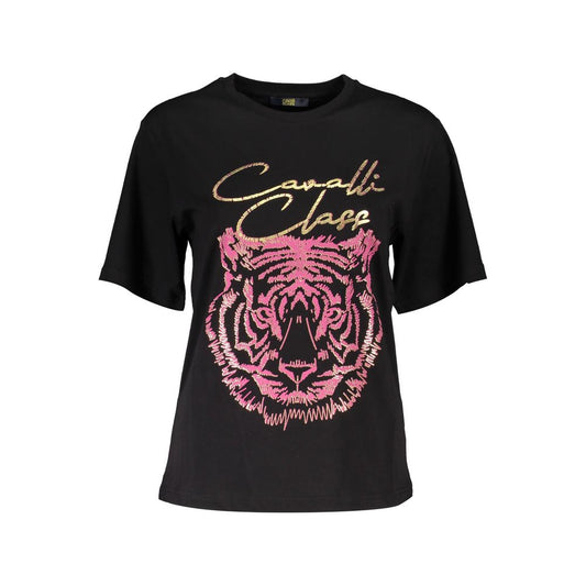 Cavalli Class Elegant Black Cotton Tee with Signature Print