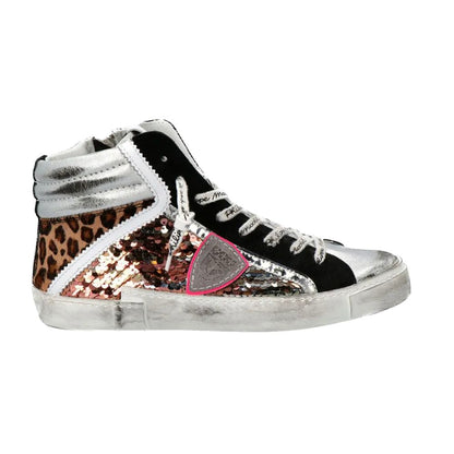 Philippe Model Elegant Gray Leather Sneakers with Sequin Details