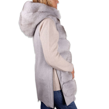 Made in Italy Sleeveless Luxury Wool Coat with Fox Fur Trim