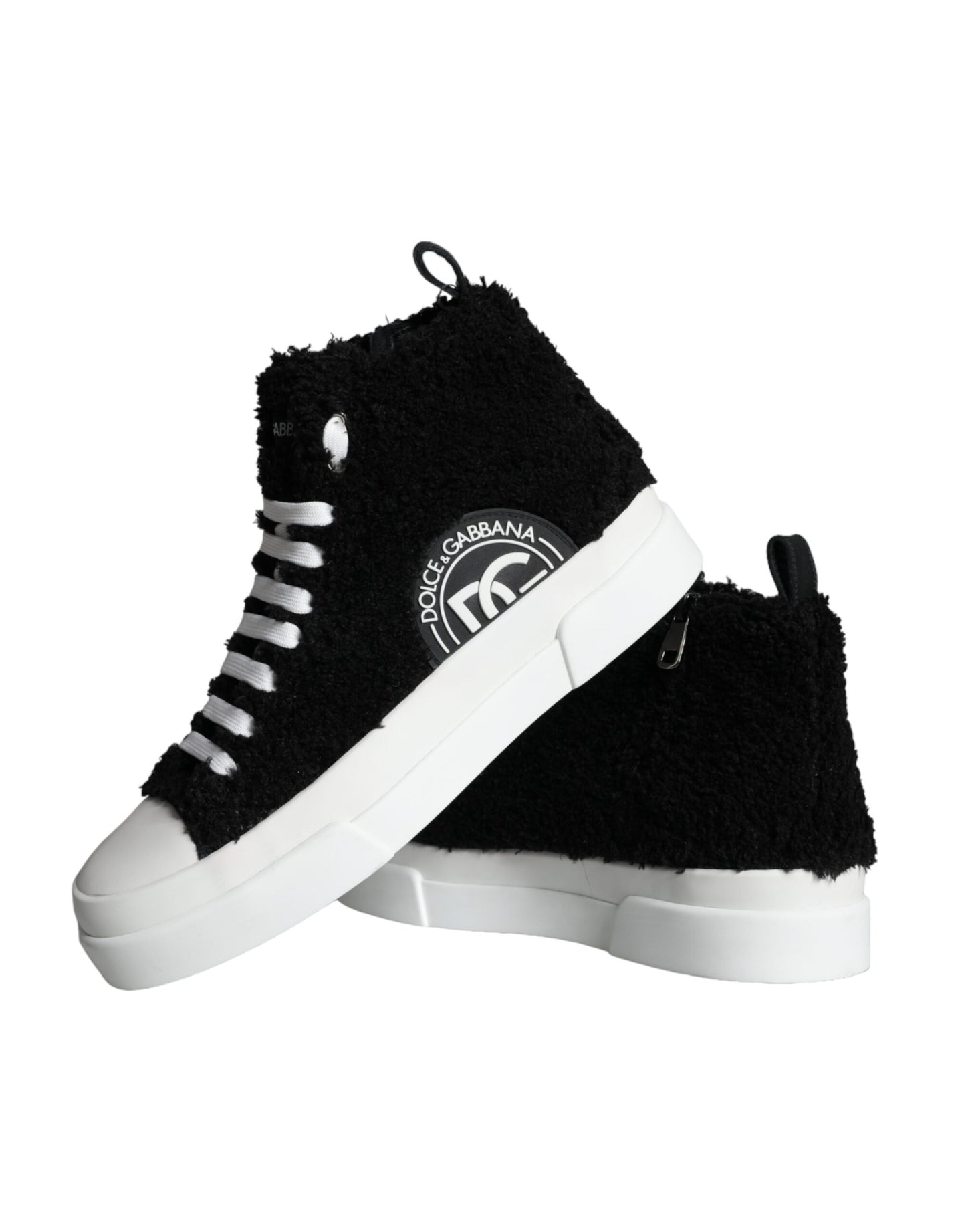 Dolce & Gabbana Black White Fur Logo High Top Sneaker Shoes