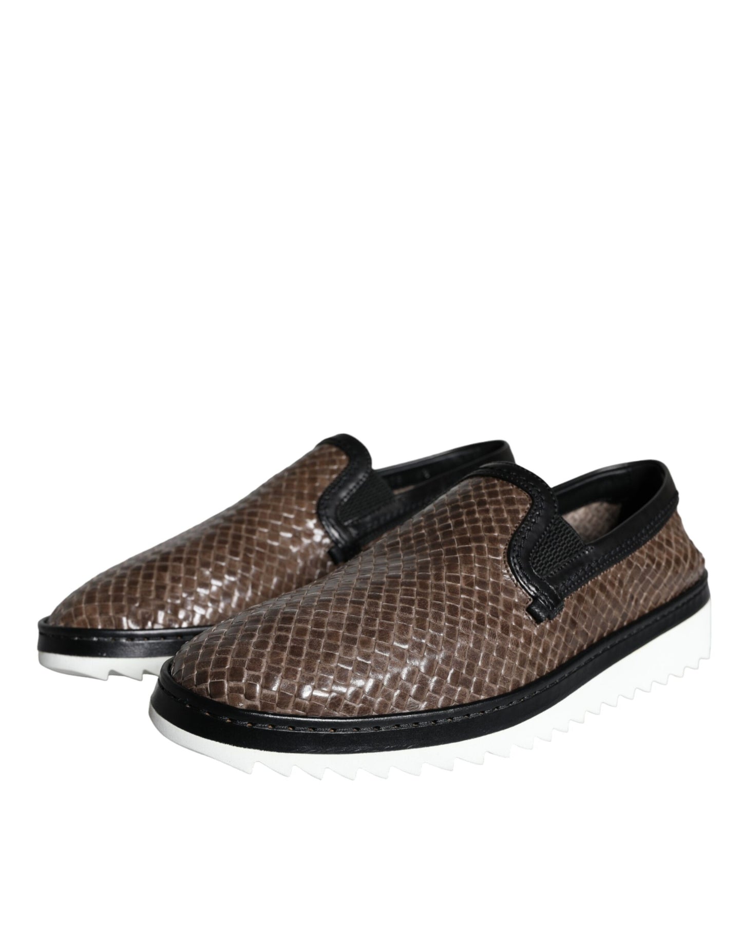 Dolce & Gabbana Brown Black Leather Weaved Men Loafers Shoes