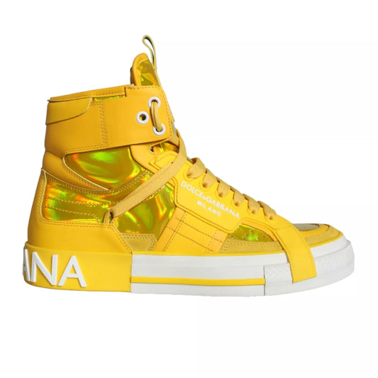 Dolce & Gabbana Yellow White Leather High Top Sneakers Shoes