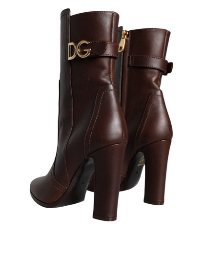 Dolce & Gabbana Brown Leather Heels Mid Calf Boots Shoes