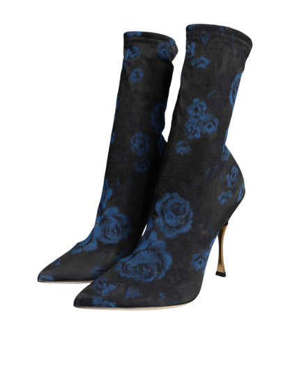 Dolce & Gabbana Black Floral Stretch Mid Calf Boots Shoes