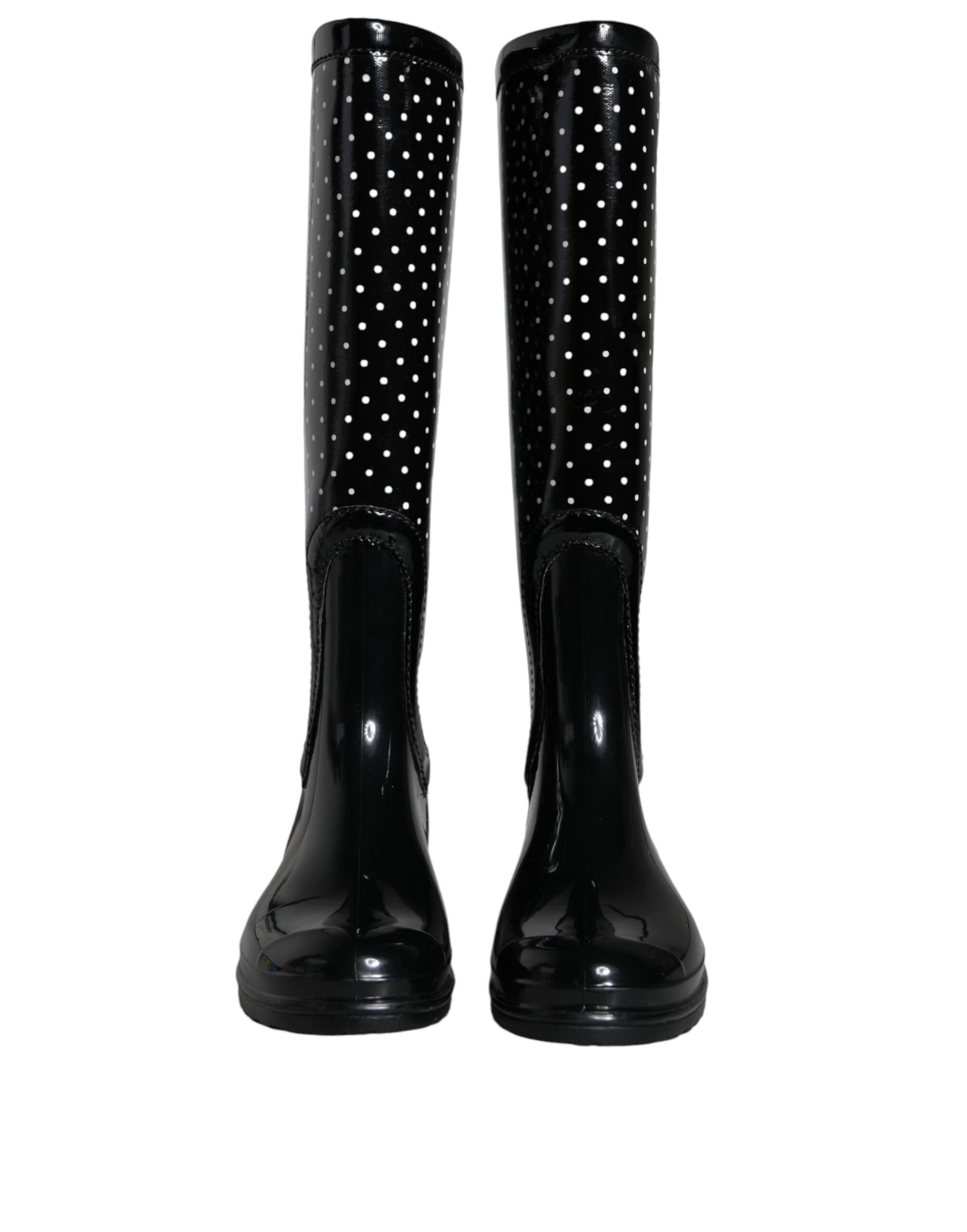 Dolce & Gabbana Black Polka Dot Rubber Knee High Boots Shoes