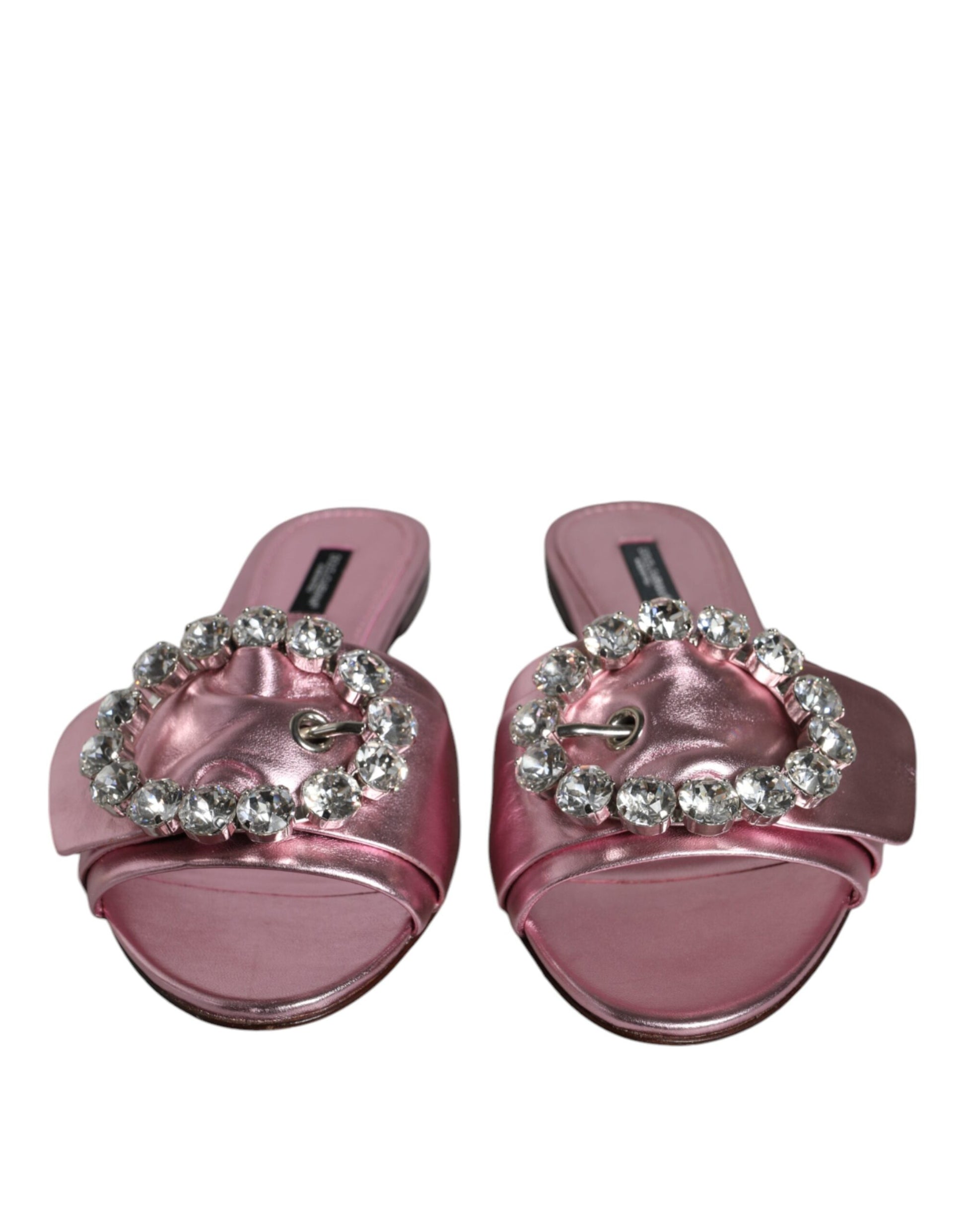 Dolce & Gabbana Metallic Pink Crystal Leather Flats Sandals Shoes