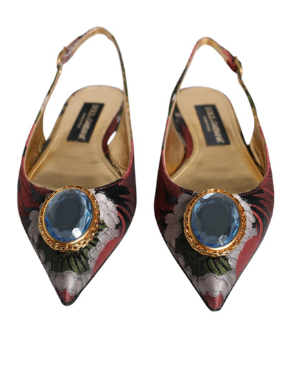 Dolce & Gabbana Multicolor Jacquard Crystal Flats Slingback Shoes