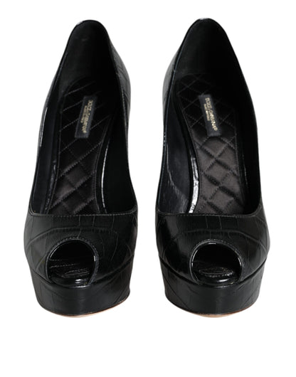 Dolce & Gabbana Black Leather Platform Heels Pumps Shoes