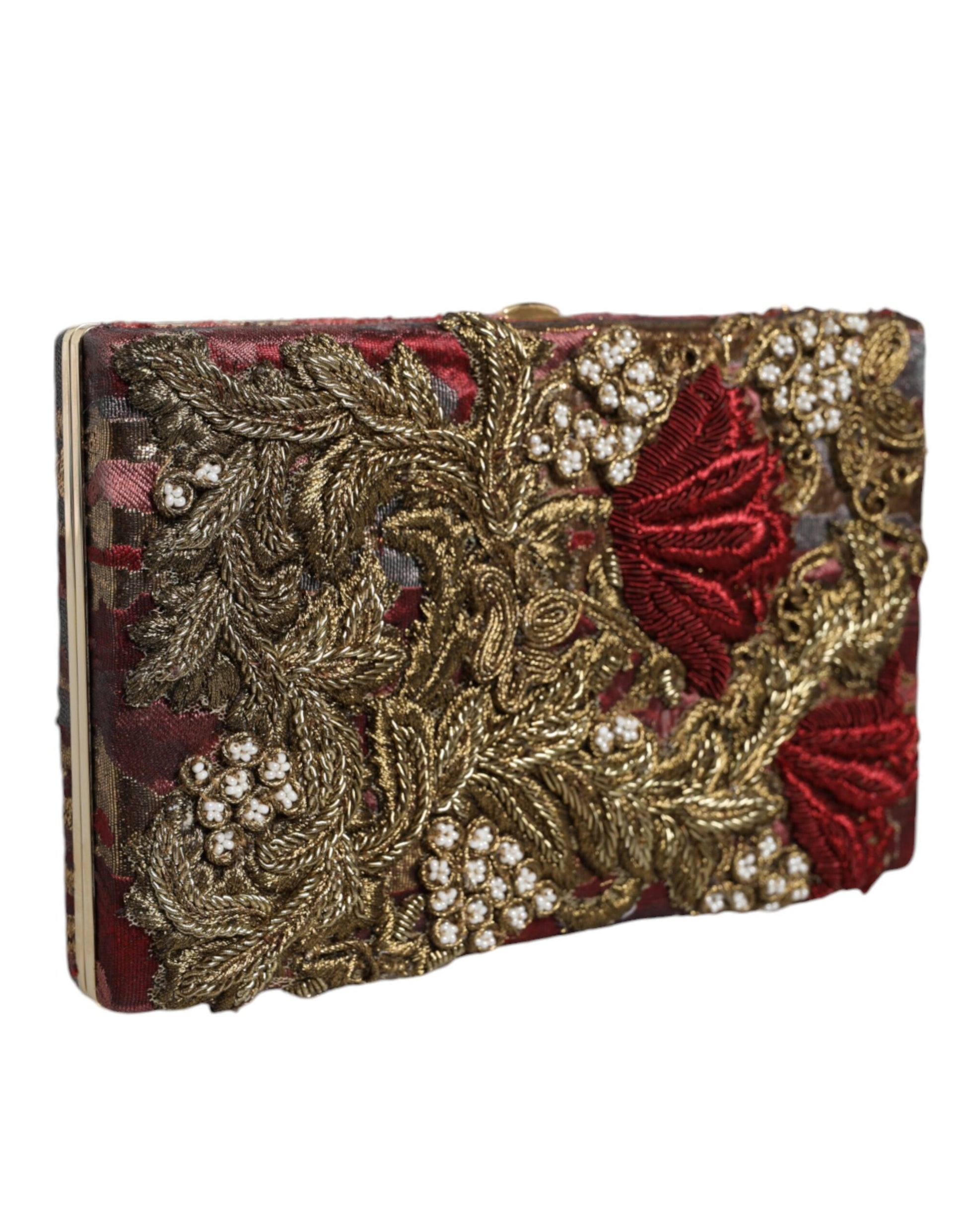 Dolce & Gabbana Maroon Gold Floral Jacquard Gold Frame Clutch Evening Purse Bag