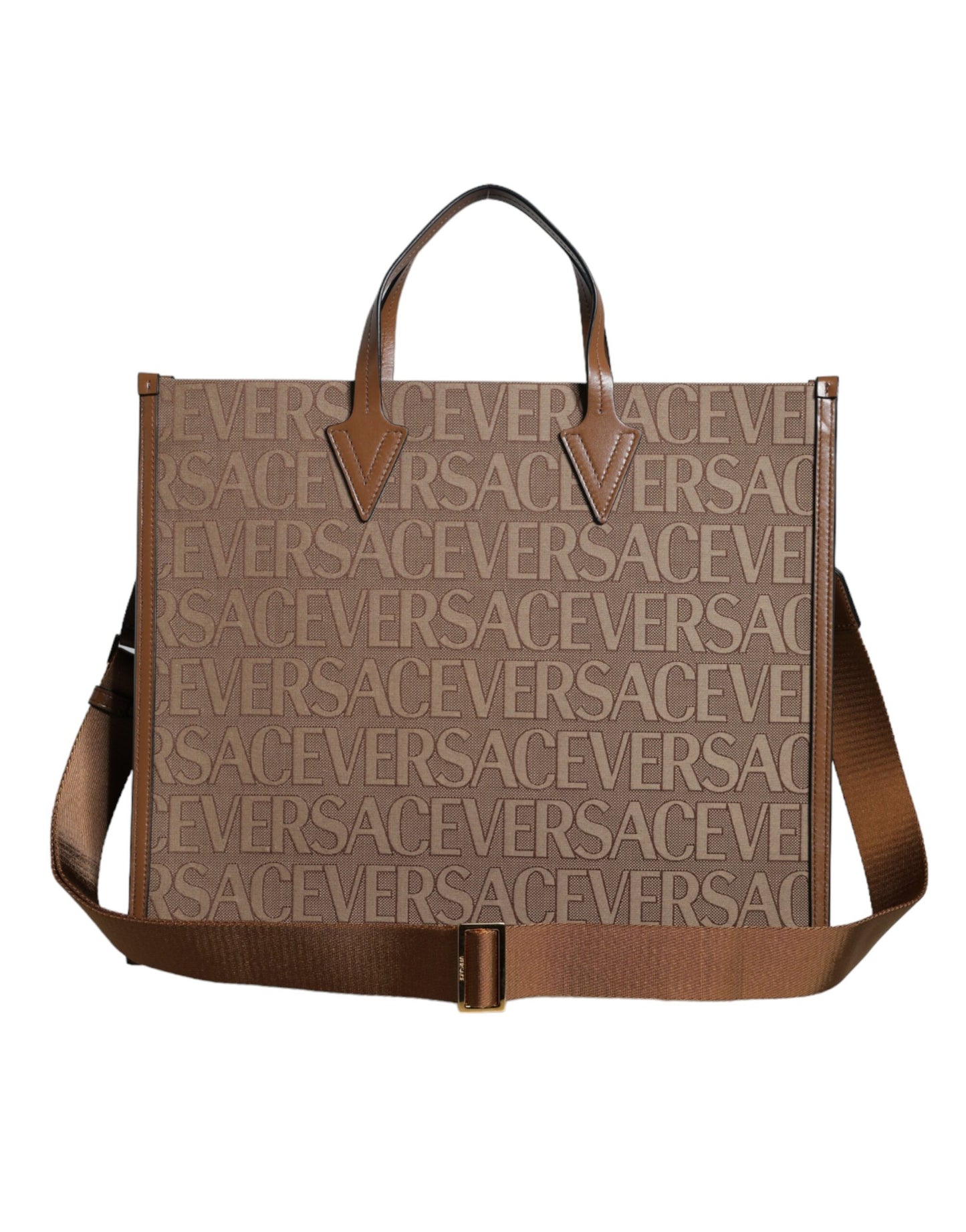 Versace Brown Top Handle Jacquard Leather Logo Crossbody Tote Bag