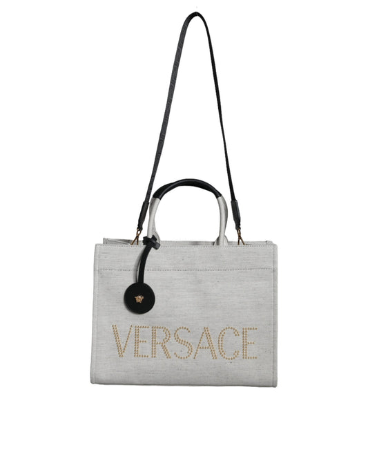 Versace White Top Handle Canvas Leather Logo Crossbody Tote Bag