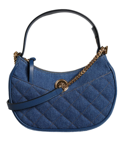 Versace Blue Quilted Denim Leather Top Handle Shoulder Bag