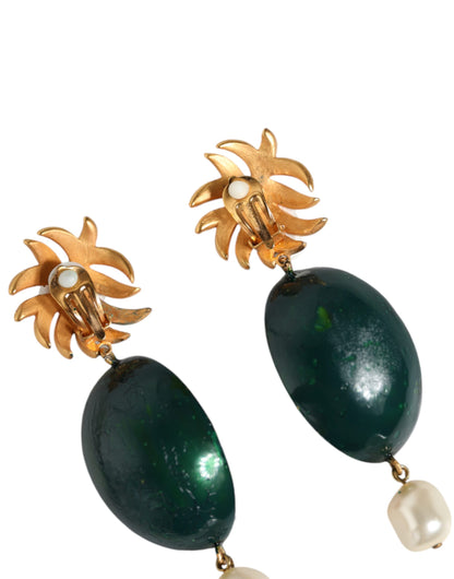 Dolce & Gabbana Red Watermelon Gold Brass Crystal Clip Dangling Earrings