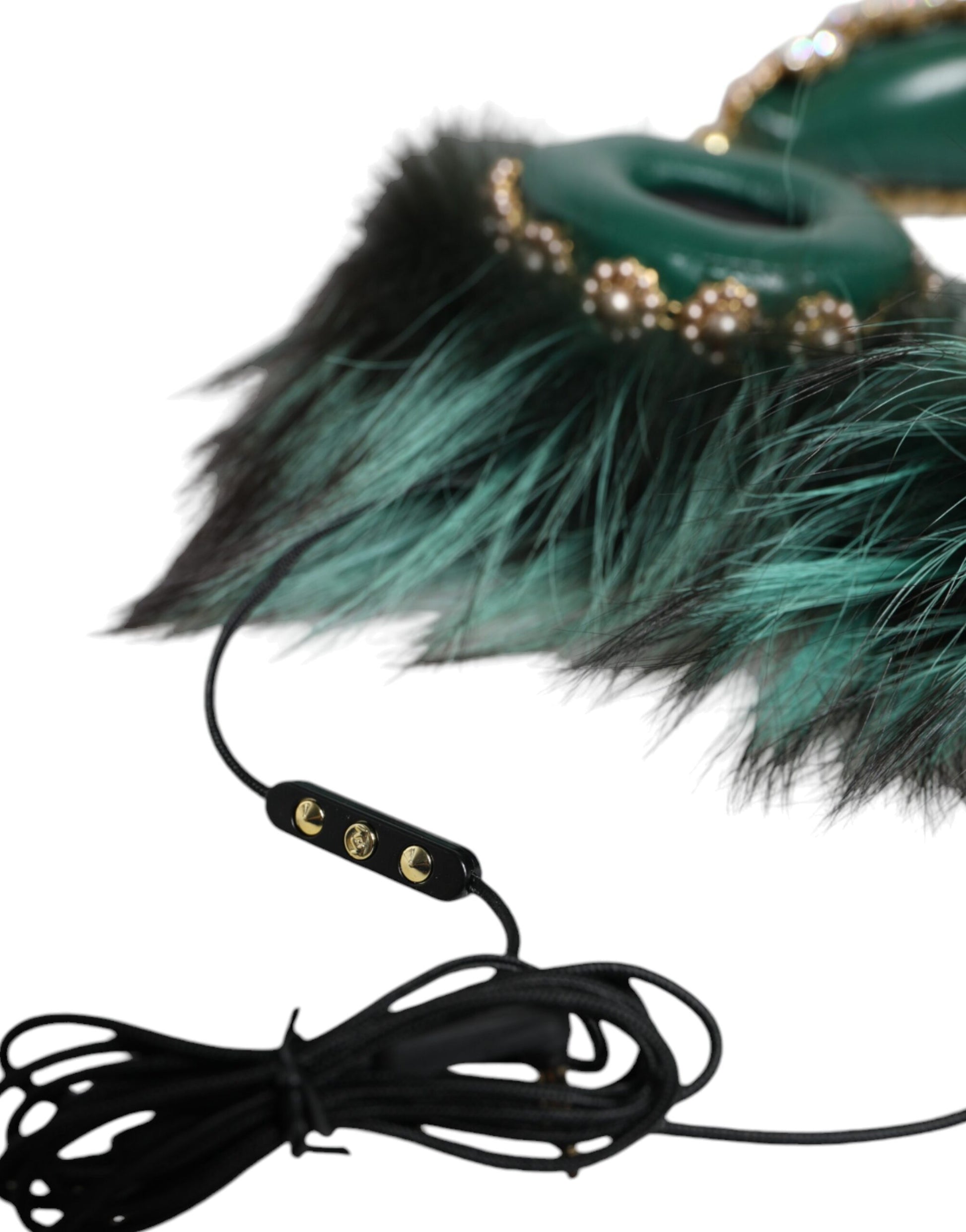 Dolce & Gabbana Green Gold Crystal Fur Headset Audio AUX Headphones