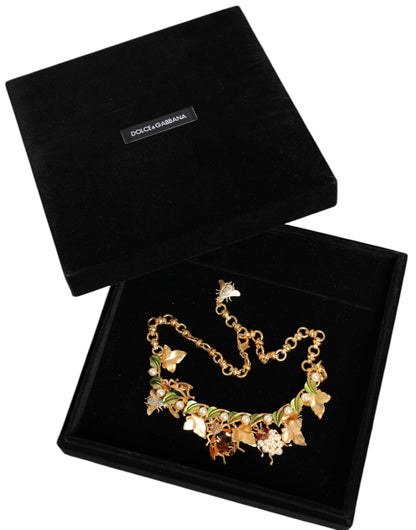 Dolce & Gabbana Gold Brass Crystal Bug Charm Pendant Statement Necklace