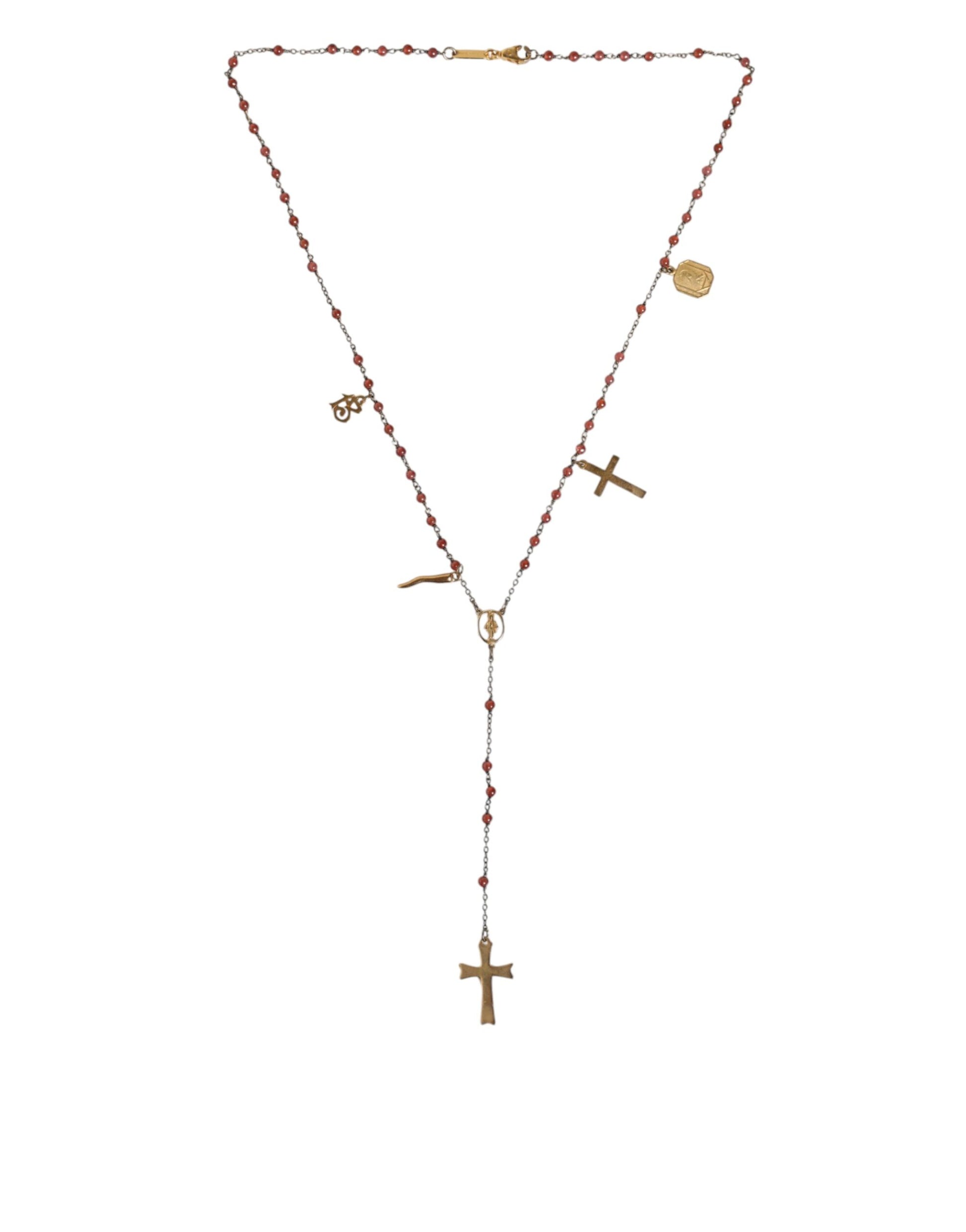 Dolce & Gabbana Gold Chain Brass Beaded Rosary Cross Pendant Necklace